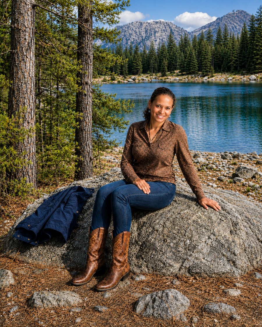 Esmeralda Cabrera Ventura outdoors by a mountain lake